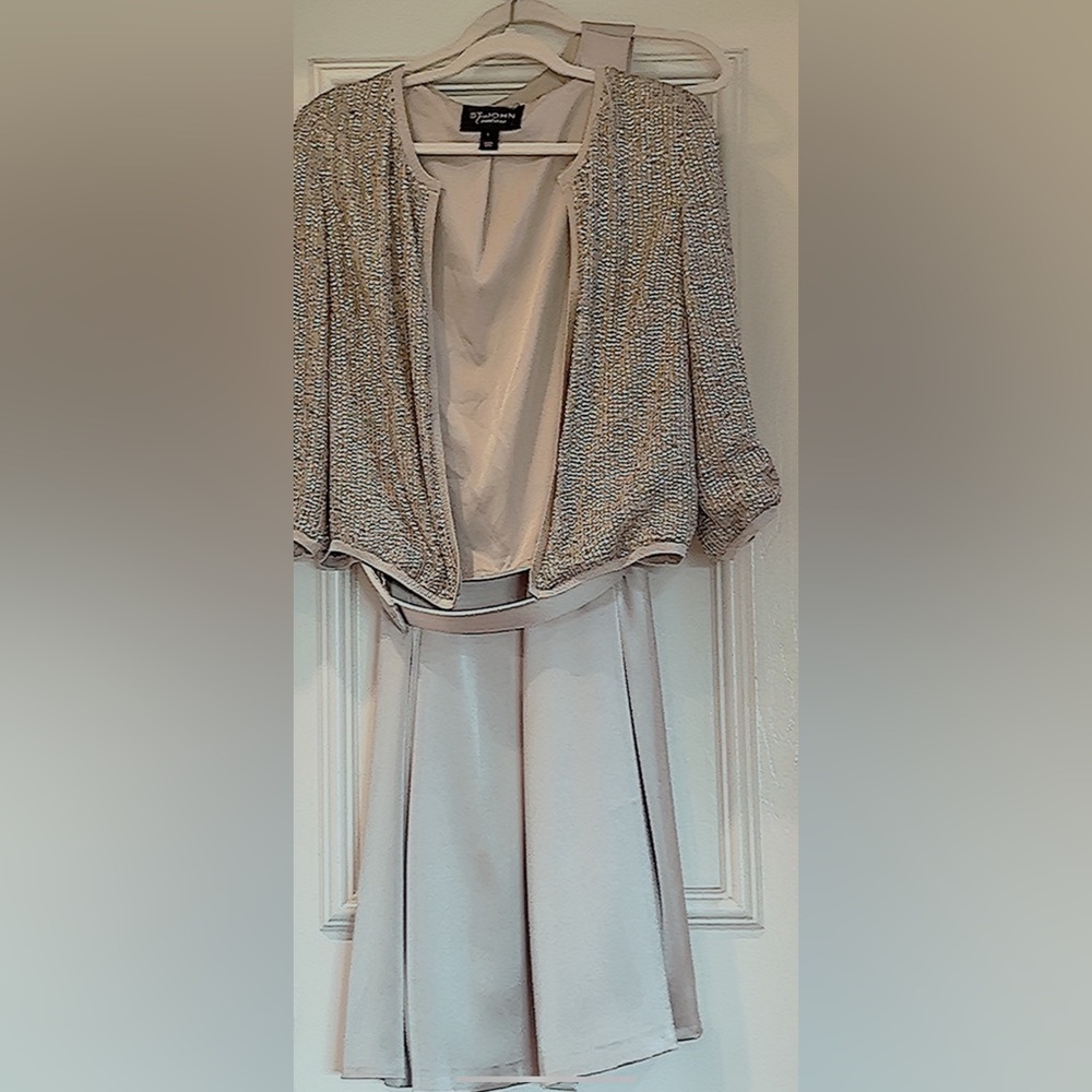 Beautiful St. John Couture  Cream Midi Dress Size 10  with sequin Jacket Size 8